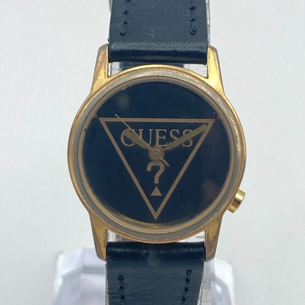 Vintage Guess Womens Watch 25mm Gold Tone Black Logo New Battery 7.75